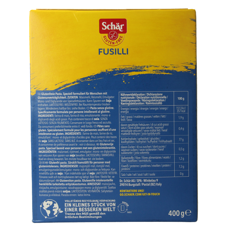 Schar Pasta fusilli glutenvrij 400 Gram
