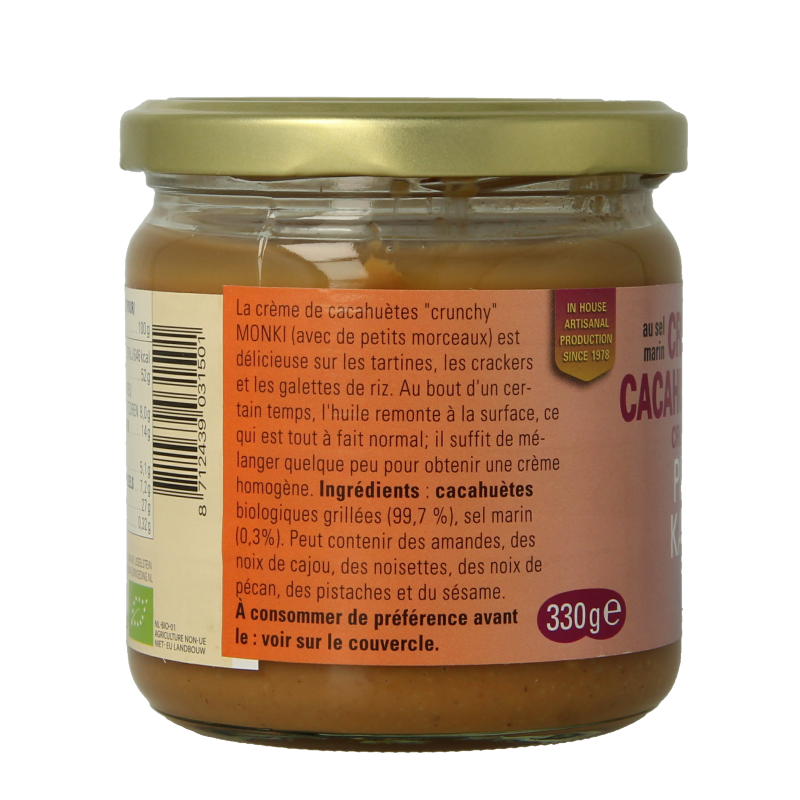 Monki Pindakaas crunchy met zout eko bio 330 Gram