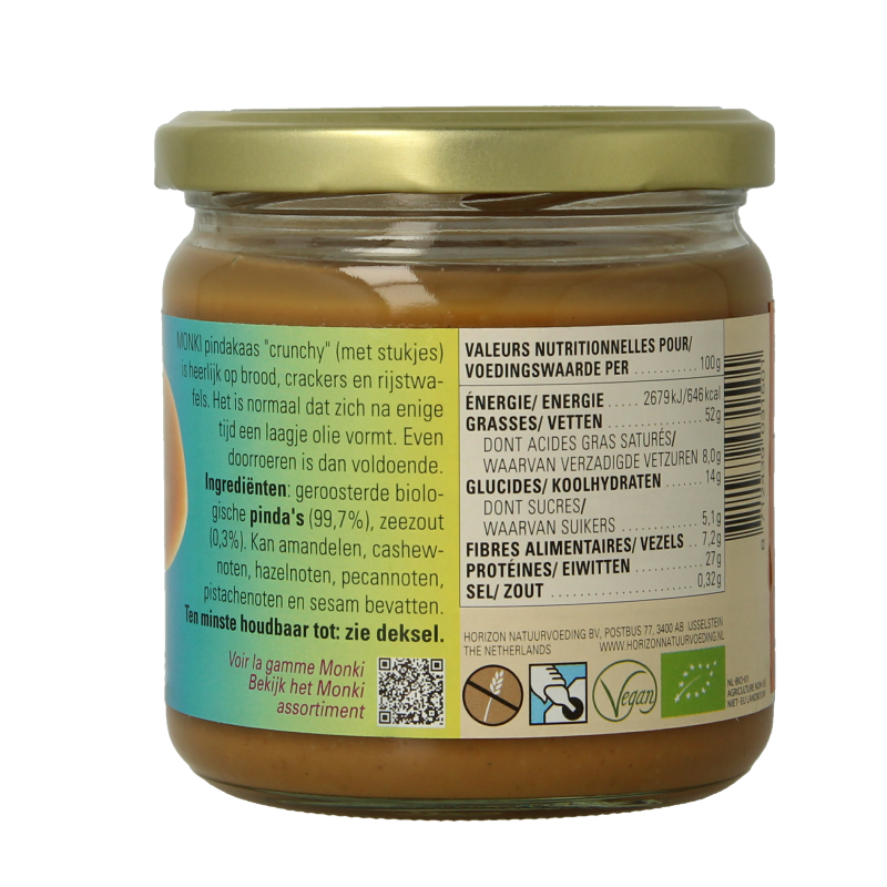 Monki Pindakaas crunchy met zout eko bio 330 Gram