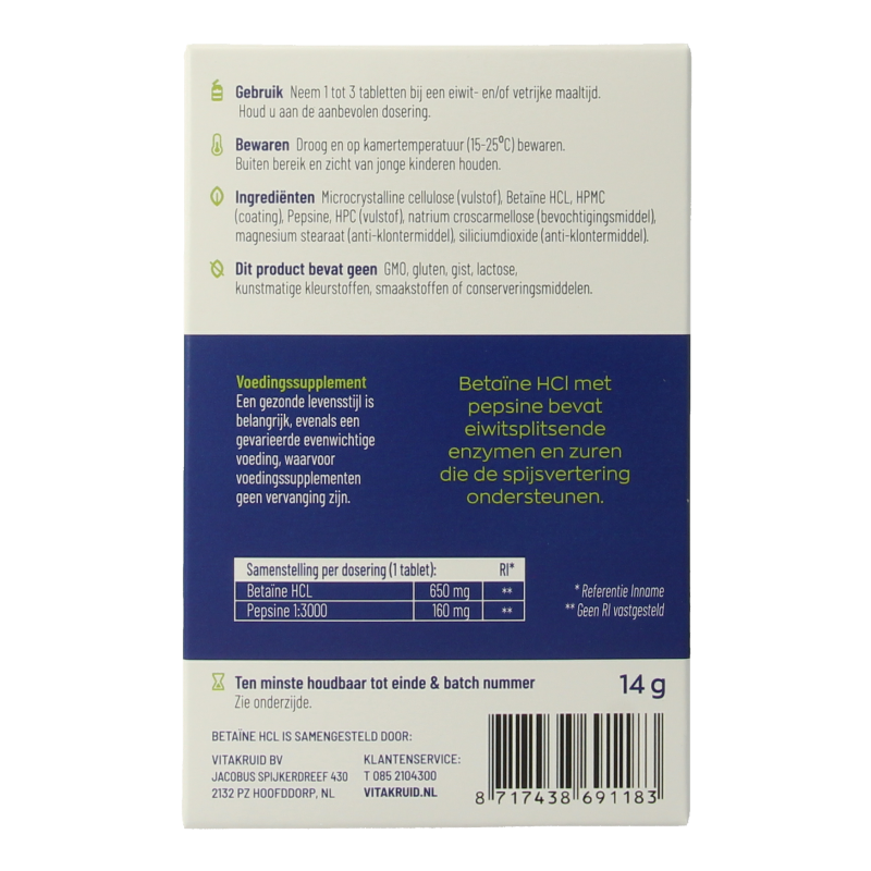 Vitakruid Betaine HCL 650mg & pepsine 160mg testkit 10 Tabletten