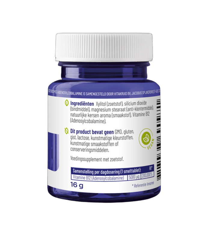 Vitakruid Vitamine Enkel 60 Smelttabletten Vitakruid B12 5000 mcg adenosylcobalamine 60 Smelttabletten