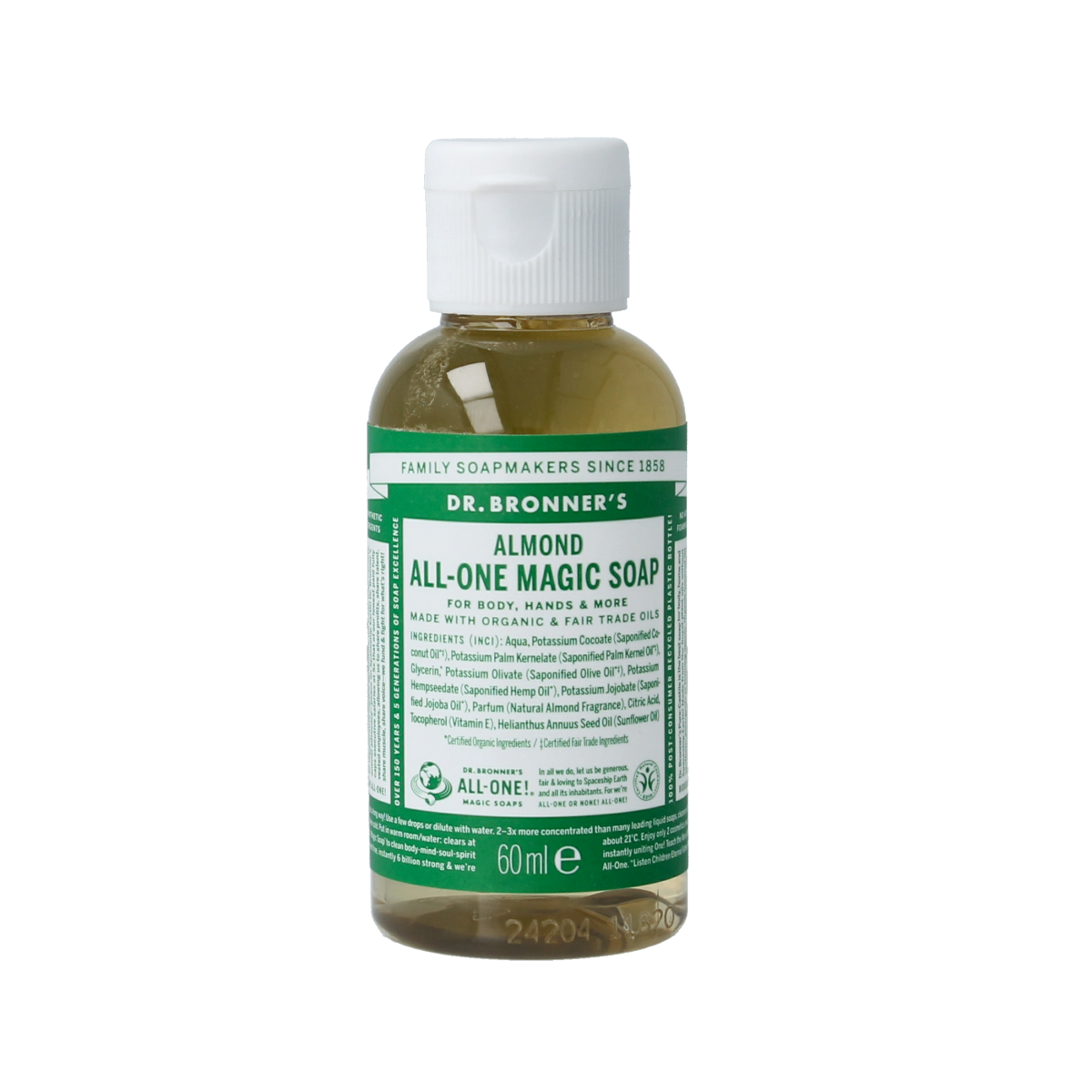 Dr Bronners liquid soap amandel in 60ml bottle, natural plant-based Zeep with almond scent, displayed with label and packaging details