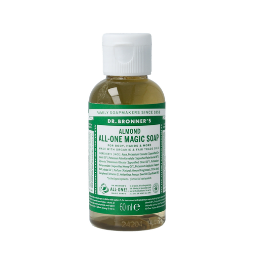 Dr Bronners liquid soap amandel in 60ml bottle, natural plant-based Zeep with almond scent, displayed with label and packaging details
