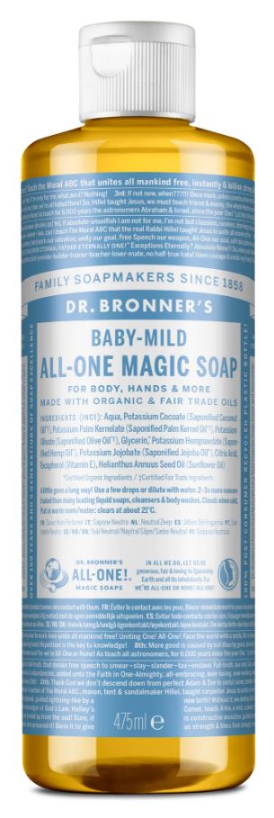 Dr Bronners Baby liquid soap in 475ml bottle, gentle baby and toddler skin care product from Dr Bronners.