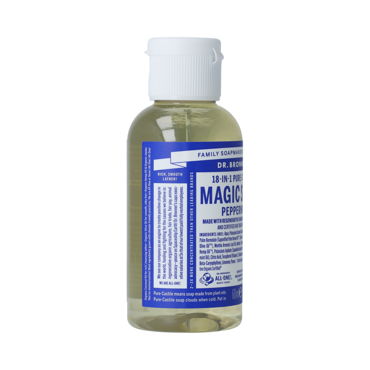 Dr Bronners peppermint liquid soap in 60ml bottle, showing the clear soap with peppermint scent and label on the packaging.