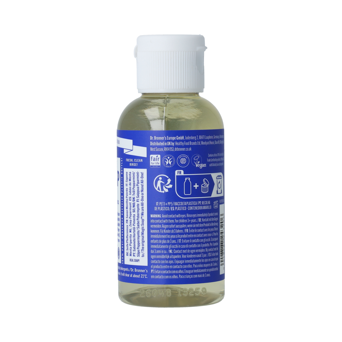 Dr Bronners peppermint liquid soap in 60ml bottle, showing the clear soap and label with peppermint scent.