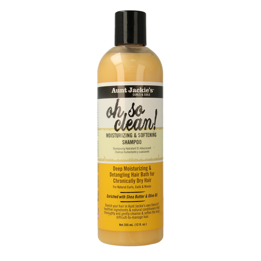 Aunt Jackie's Oh So Clean shampoo bottle, 355ml, with clear label, designed for hair care and cleansing.