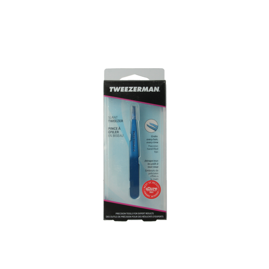 Tweezerman Slant tweezer in bell bottom blue with stainless steel tips, designed for precise hair plucking and eyebrow shaping.