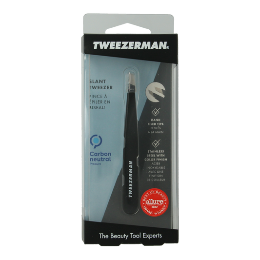 Tweezerman Slant tweezer in midnight sky color with stainless steel construction, precision tip for precise hair removal.