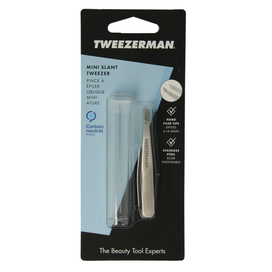 Tweezerman Mini Slant Tweezer in stainless steel, classic precision tool for grooming and eyebrow shaping.