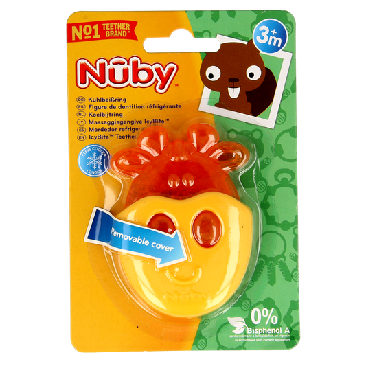 Nuby Koelbijtring dieren, soft cooling teething ring featuring colorful animal designs, for babies' soothing comfort.