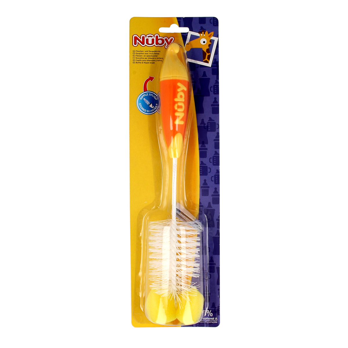 Nuby baby bottle brush with small nipple brush and sponge, ideal for cleaning baby bottles and accessories.