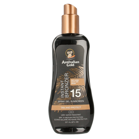 Australian Gold Spray Gel with SPF 15, bronzer, 237ml, sun tanning lotion in a clear spray bottle with a flip-top cap