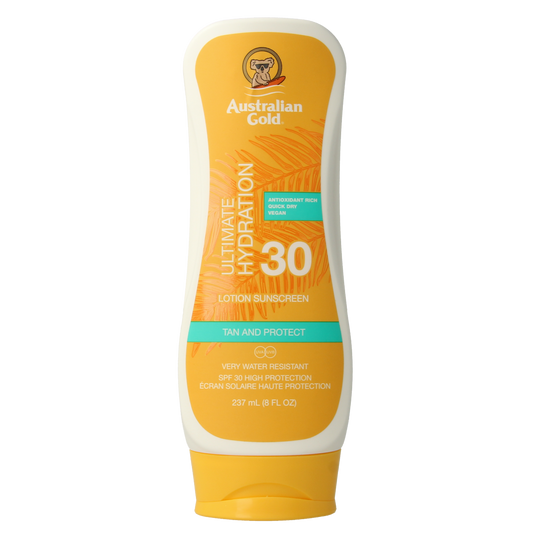 Australian Gold SPF30 bronzer lotion in 237ml bottle, tanning lotion with sun protection, for a sun-kissed glow.