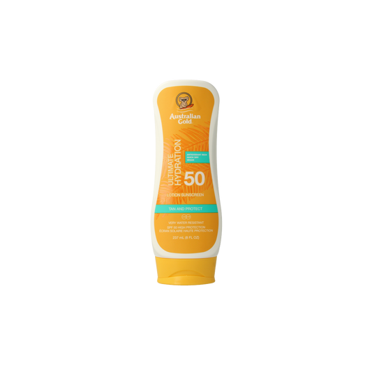 Australian Gold SPF50 tanning lotion bottle, 237ml, with colorful packaging and sun protection labels.