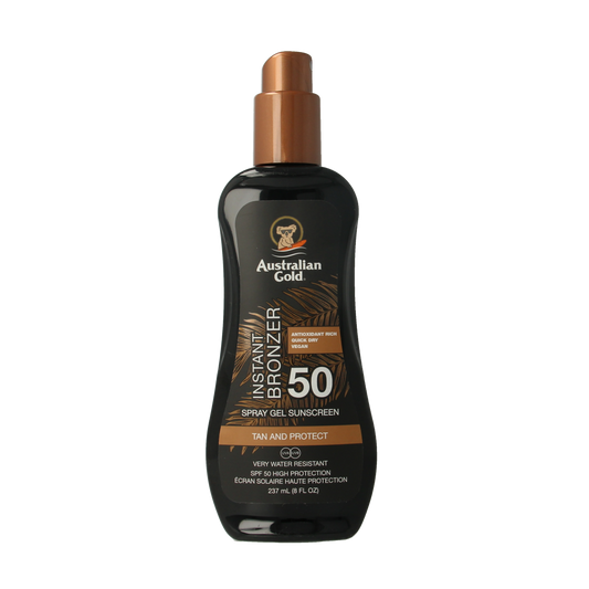 Australian Gold Spray Gel Bronzer SPF50 in 237ml, sun protection and bronzing spray with easy-to-use nozzle, golden finish.
