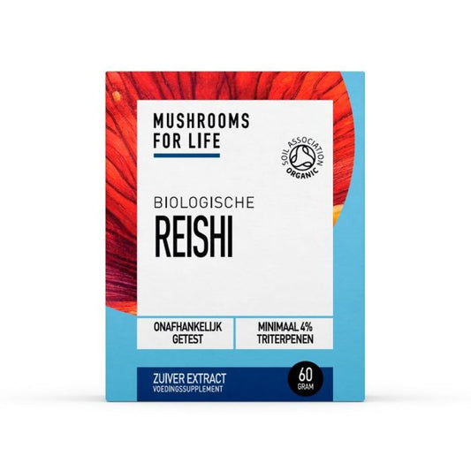 Organic Mushrooms for Life Reishi powder in a 60g container, showcasing the herbal supplement's natural, finely ground reishi mushroom powder.