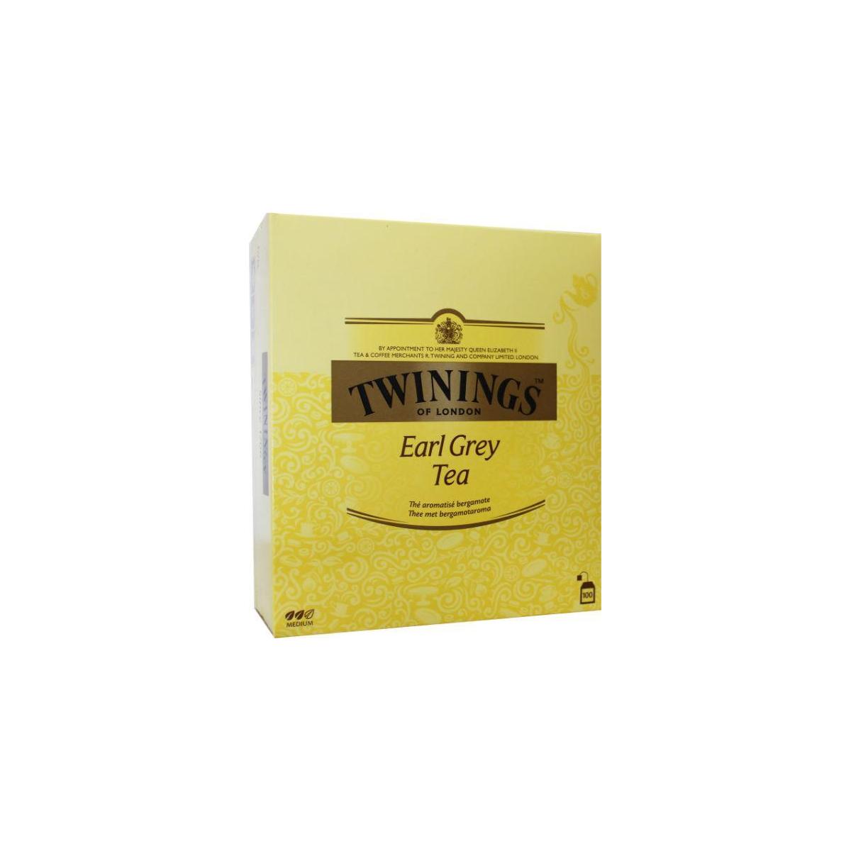 Twinings Earl Grey tea bags in a box, featuring the classic packaging for this popular tea blend.