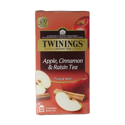 Twinings apple cinnamon raisin tea bags in a box, showcasing the packaging with tea leaves and cinnamon sticks.