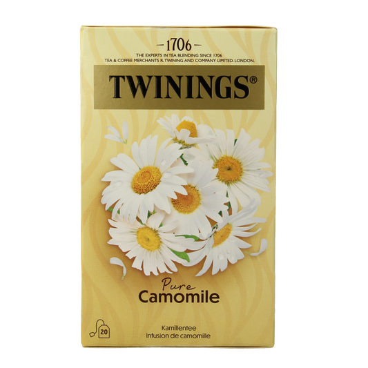 Twinings Kamille herbal tea bags, 20-pack, featuring chamomile infusion in individual tea sachets.