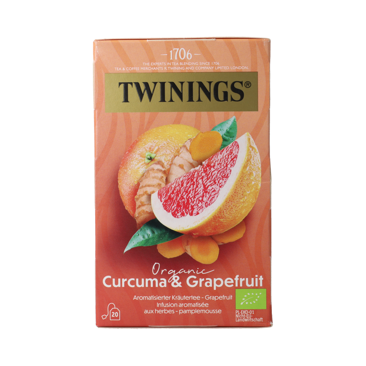 Twinings Curcuma and grapefruit organic tea bags, 20-count box, displayed with tea bags and packaging.