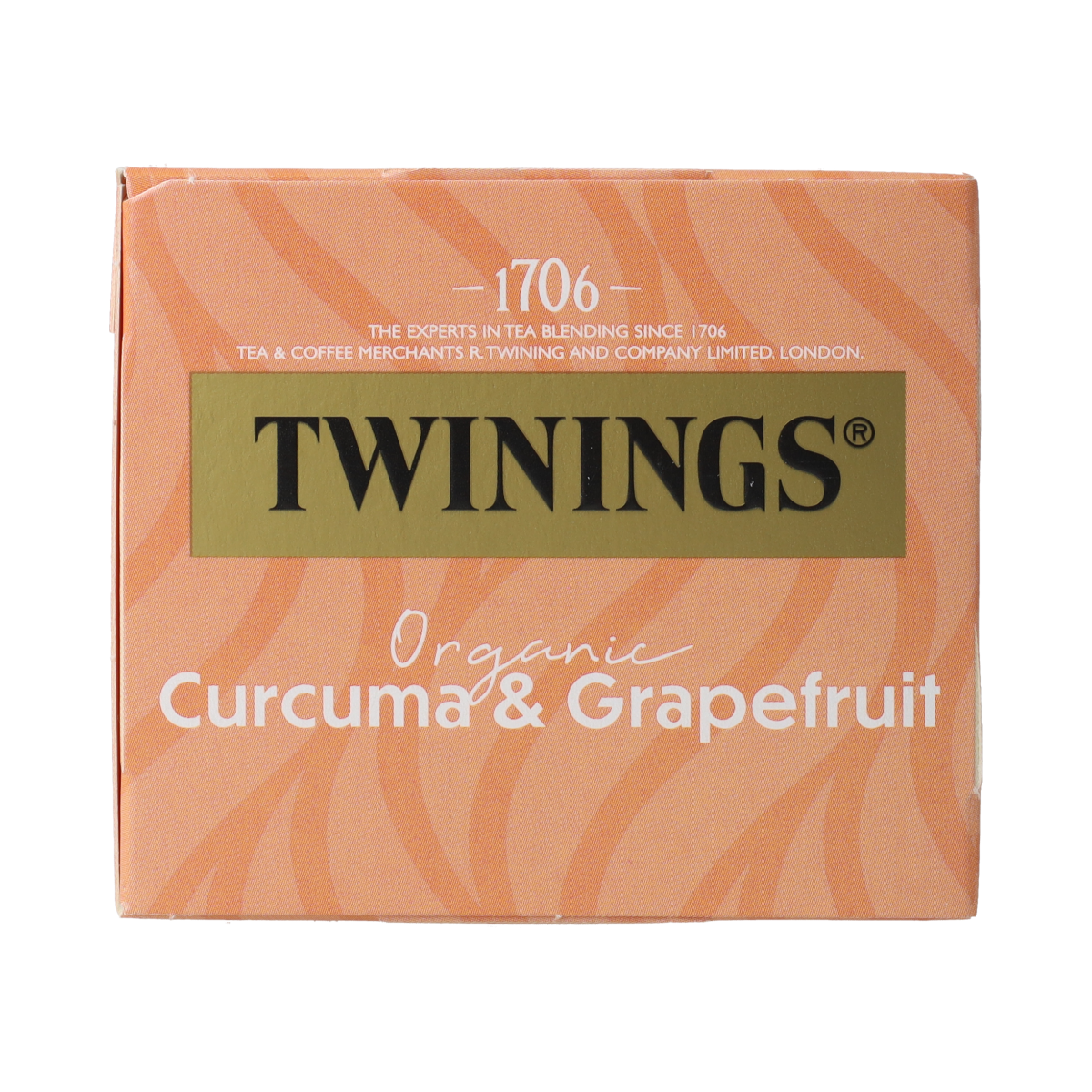 Twinings Curcuma & grapefruit organic tea in a box, featuring 20 tea bags with a vibrant citrus and turmeric flavor.