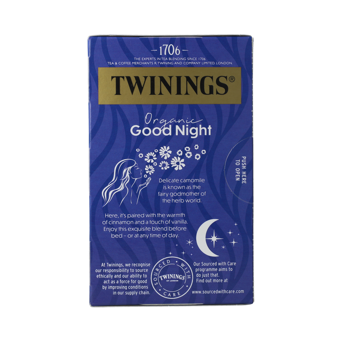 Twinings Good Night bio herbal tea boxes with 20 tea bags, natural sleep aid, and calming herbal blend.