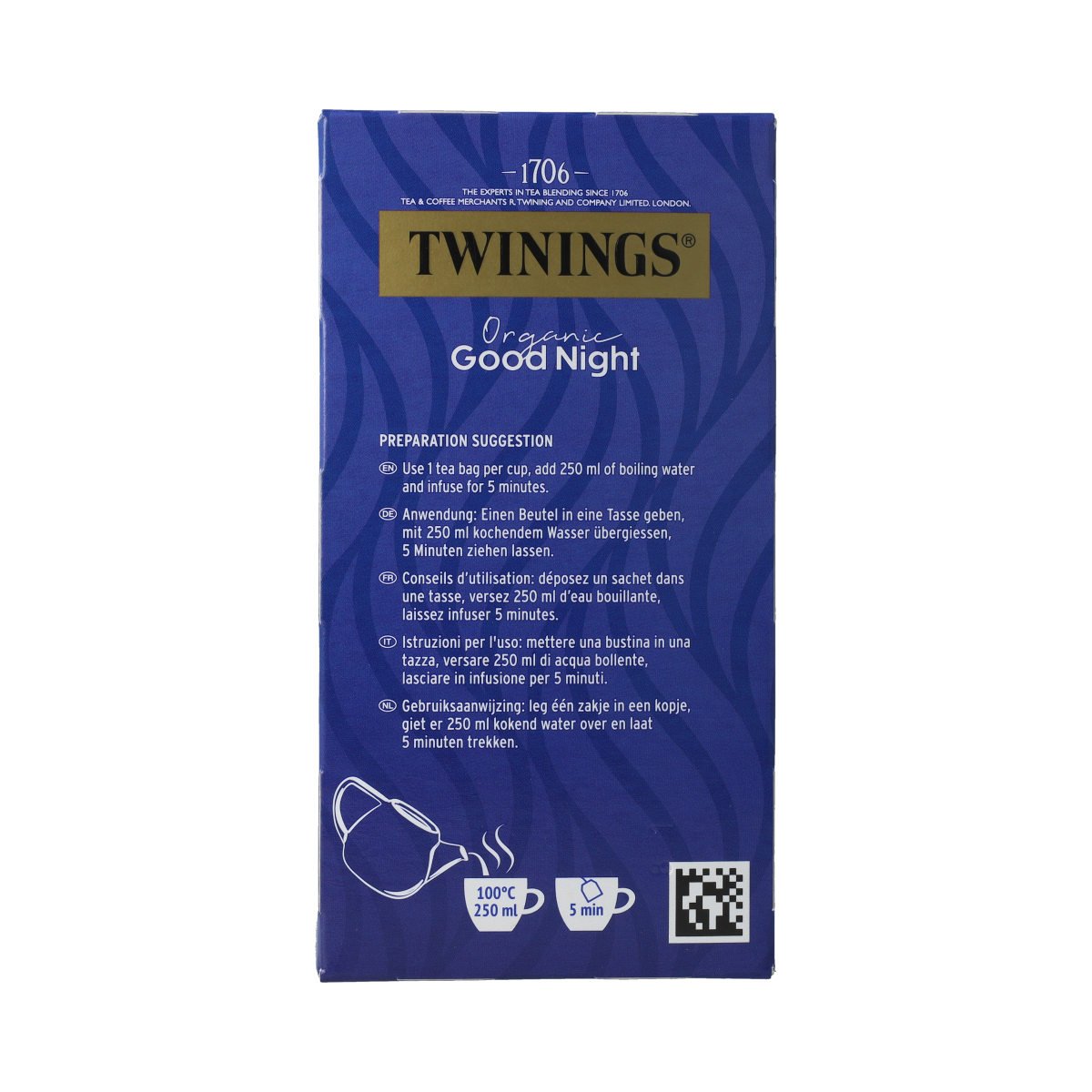 Twinings Good Night bio herbal tea bags, 20 count, natural sleep aid with calming ingredients, in a box.