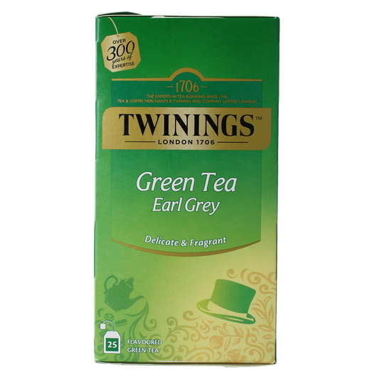 Twinings Green Tea Earl Grey tea bags in a box, featuring the Twinings logo and 25 tea bags for brewing.