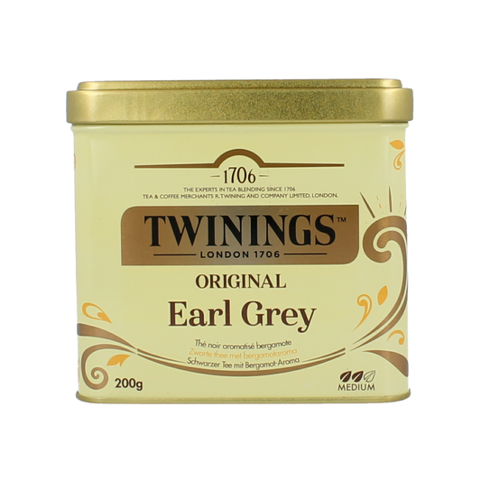 Twinings Earl Grey tea tin, 200g, featuring a classic design with the Twinings logo and a depiction of tea leaves.