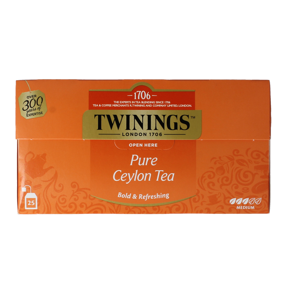 Twinings Pure Ceylon Tea box with 25 tea bags, featuring the Twinings brand logo and packaging design.