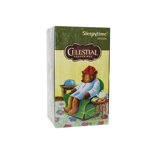 Celestial Season Sleepytime herbal tea tea bags, 20 count, in a box with vibrant packaging and tea bag images.