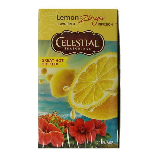 Celestial Season Lemon Zinger herbal tea bags, bright lemon and herbal blend, in a box of 20 tea sachets.