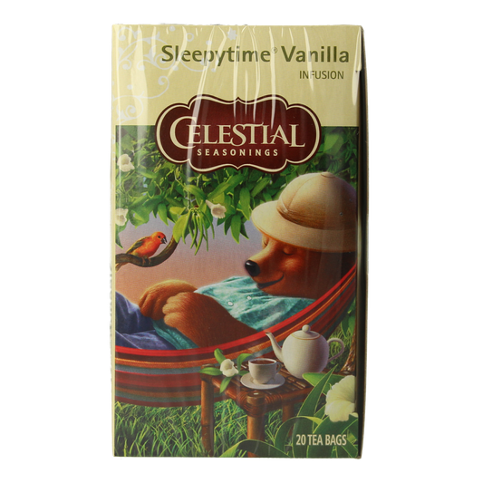 Celestial Season Sleepytime Vanille tea bags in a box, featuring a calming design with vanilla flavor for soothing bedtime tea.