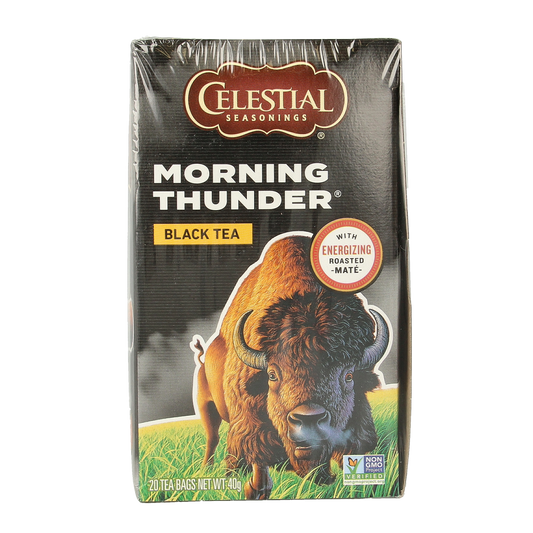 Celestial Season Morning Thunder coffee tea bags, 20-pack, featuring vibrant packaging and fresh aroma in a well-arranged display.