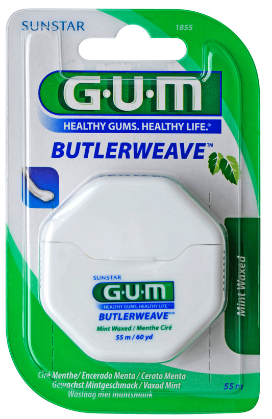 GUM Butlerweave waxed mint dental floss 55 meters for oral hygiene and tooth cleaning, shown in the image.