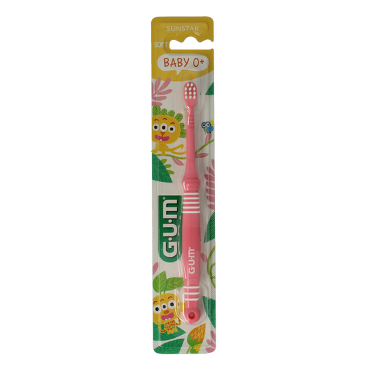 GUM Kids toothbrush for ages 0-2, soft bristles, designed for young children, in a compact size with colorful handle.