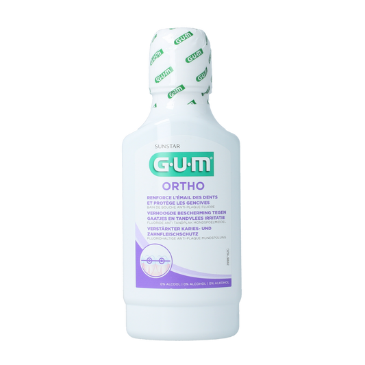 GUM Ortho mouthwash bottle, 300ml, with label showing brand and product type, used for oral hygiene and freshening breath.
