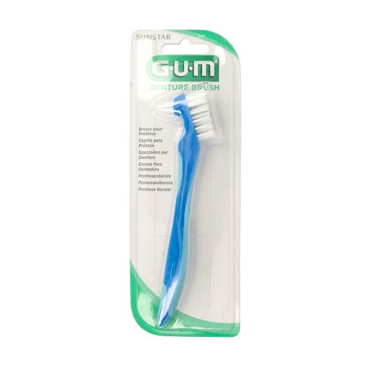 GUM Prothese borstel for cleaning dental prostheses, shown with bristles and handle for effective oral hygiene.