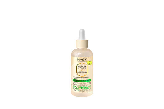 HASK Repair Strength & Length Boost Hair Serum bottle, 100ml, hair care product for scalp and hair strengthening and repair.
