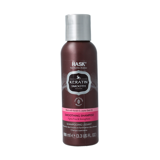 HASK Keratin protein smoothing shampoo travel size 100ml for hair care, featuring sleek bottle with label and cap.