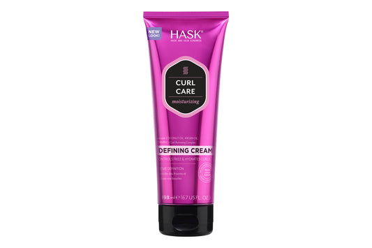 HASK Curl Care Defining Cream in 198ml jar, hair styling product for curly hair, with a white and purple label.