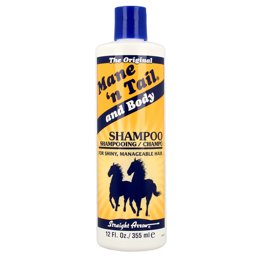 Mane 'n Tail original shampoo bottle, 355ml, for hair care, with a white and blue label and black cap.