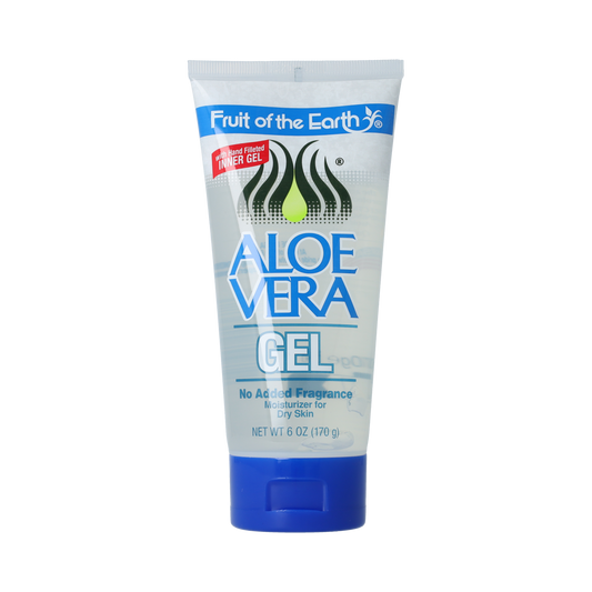 Fruit of the Earth Aloe Vera Gel 170g, natural body care product with clear gel texture and aloe vera plant in the background.