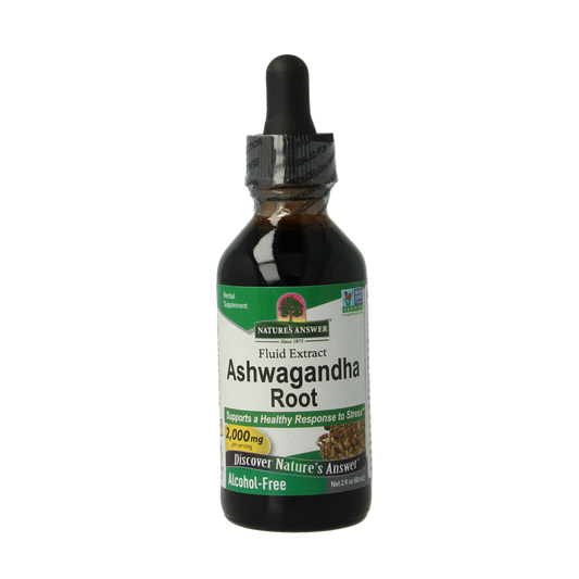 Natures Answer Ashwagandha extract alcoholvrij in 60ml bottle, herbal supplement from Natures Answer, natural adaptogen remedy.
