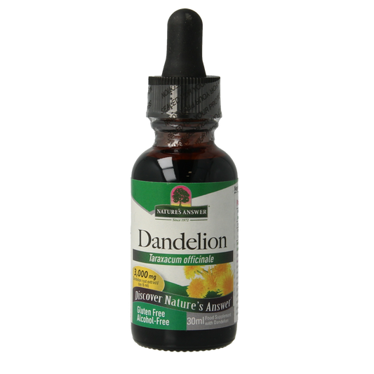 Bottle of Natures Answer Paardenbloem extract alcoholvrij herbal supplement in 30ml dropper bottle, featuring fresh yellow and green label.