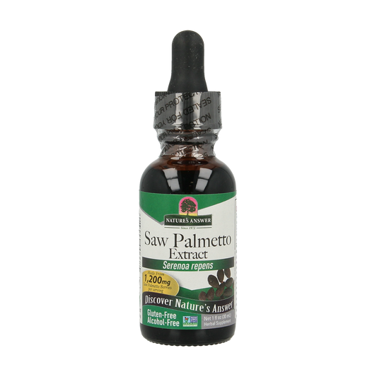 Natures Answer Saw Palmetto extract bottle in a 30ml herbal supplement container, alcohol-free, with a white label and cap.