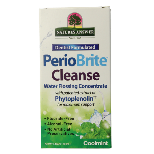 Natures Answer PerioBrite mondhygiëne spray with 22 kruiden en Q10, 120 ml, for oral hygiene and breath freshening.