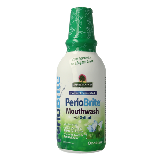 Natures Answer PerioBrite cool mint mouthwash in a 480ml bottle, antiseptic oral rinse for fresh breath and oral health.