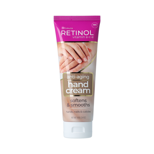 Retinol anti-aging hand cream with SPF12 in a 100g tube, designed for nourishing and protecting hands.